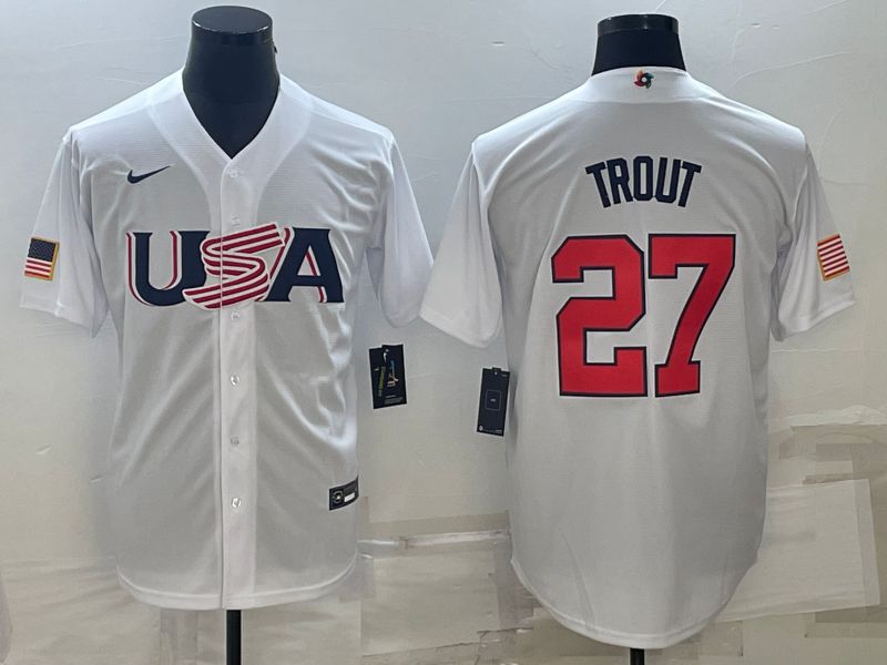 Men 2023 World Cub USA #27 Trout White Nike MLB Jersey11